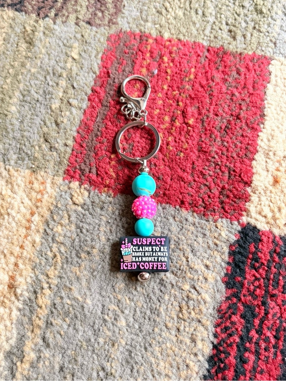 Turquoise & Hot Pink Beaded Iced Coffee Keyring